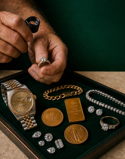 Man's hand inspecting rolex and gold